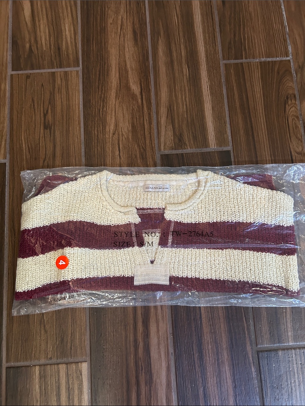 Zenana Outfitters Striped Crew Sweater in Cream & Burgundy